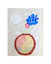 a drawing of a vase with blue and pink flowers