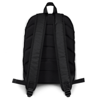 a black and white backpack on a black background