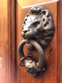 a lion head door knocker on a wooden door