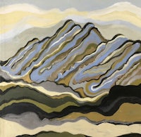 a painting of a mountain range with blue and yellow colors