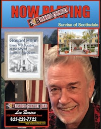 a flyer with a picture of a man in front of a building