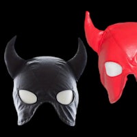 two black and red devil masks on a black background