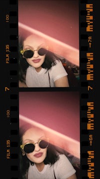 two photos of a woman wearing sunglasses