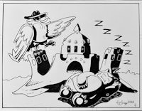 a black and white cartoon of an owl and a castle
