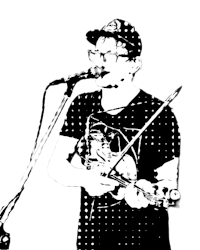 a black and white drawing of a man playing a guitar