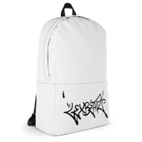 a white backpack with graffiti on it