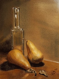 a painting of pears and a bottle