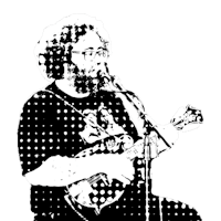 a black and white drawing of a man playing a banjo