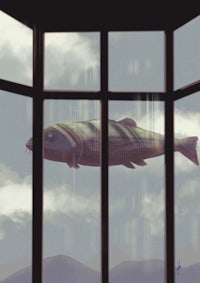 a fish is flying out of a window