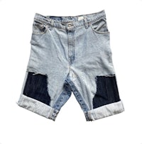 a pair of denim shorts with patches on them