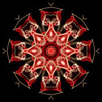 a red and gold mandala on a black background