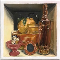 a painting of oranges, a bottle, and a bowl