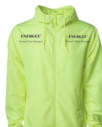 a neon yellow windbreaker jacket with the words energize protect your energy
