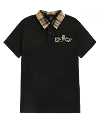 a black polo shirt with a checkered collar