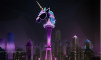 an image of a unicorn standing in front of a city