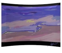 a painting of a beach with blue and purple colors