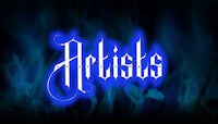 the word artists in blue on a black background