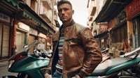 a man in a leather jacket standing next to a motorcycle