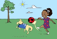 a girl kicking a soccer ball with a dog