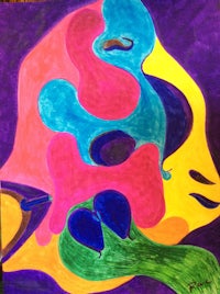 a colorful painting with a purple, blue, and yellow background