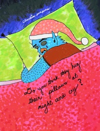 a drawing of a santa claus sleeping in a bed