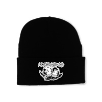 a black beanie with a white logo on it