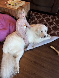 a little girl laying on top of a large white dog