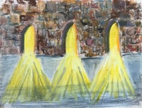 a painting of three yellow flames in front of a brick wall