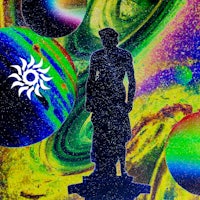 an image of a statue in front of a colorful background