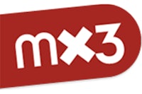 a red and white logo with the word mx3 on it