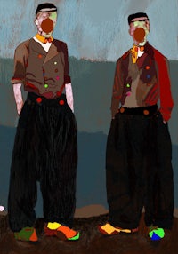 a pair of clowns standing next to each other