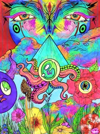 a colorful psychedelic painting with an octopus and flowers