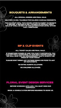 a black and white flyer for a flower arrangement