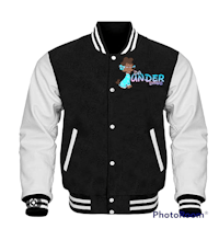 a black and white varsity jacket with a cartoon character on it