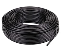 a coil of black plastic pipe on a white background