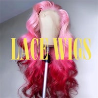lace wigs with pink and red hair on a mannequin