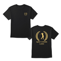 a black t - shirt with a gold logo on it