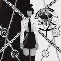 a black and white image of a woman with chains and pentagrams