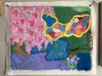 a painting of a tree and flowers on a table