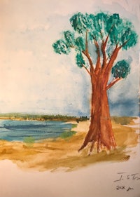 a watercolor painting of a tree near the ocean