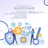 a banner with the words'blockchain' and a group of people