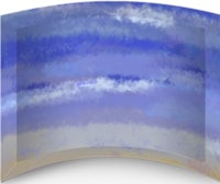 a blue and white curved plate with clouds on it