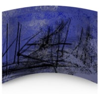 a blue and black abstract painting on a curved surface