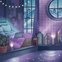 an illustration of a room with a bed and a lamp