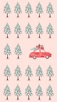 a pink background with a red car and christmas trees