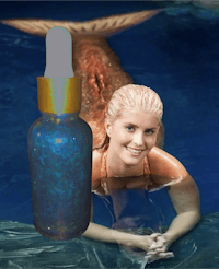 a mermaid in a pool with a bottle of mermaid tail oil