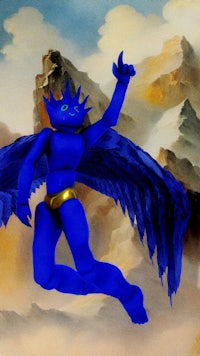 a blue figure with wings flying in the air