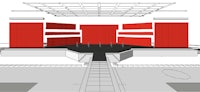 a drawing of an auditorium with red walls