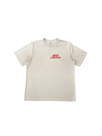 a white t - shirt with a red logo on it