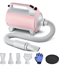 a pink hair dryer with accessories